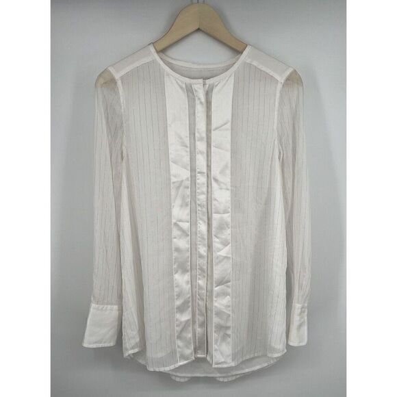 Donna Karan Black Label Blouse White Gold Accent Long Sleeve Size Small Elegant - Picture 1 of 4